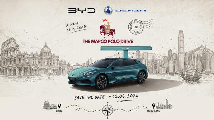 DENZA Z9GT on the Marco Polo Drive of Peace, the 15,000 kilometer electric car journey from Rome to Hong Kong to promote sustainable mobility and international cooperation.