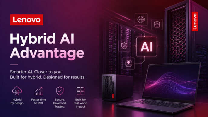 Lenovo Hybrid AI Advantage med virksomheds-AI-infrastruktur, sikker AI, agent-AI og optimeret AI-inferens.