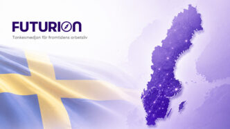 AI and the future of working life in Sweden with Futurion's logo, Swedish flag and digital map of Sweden