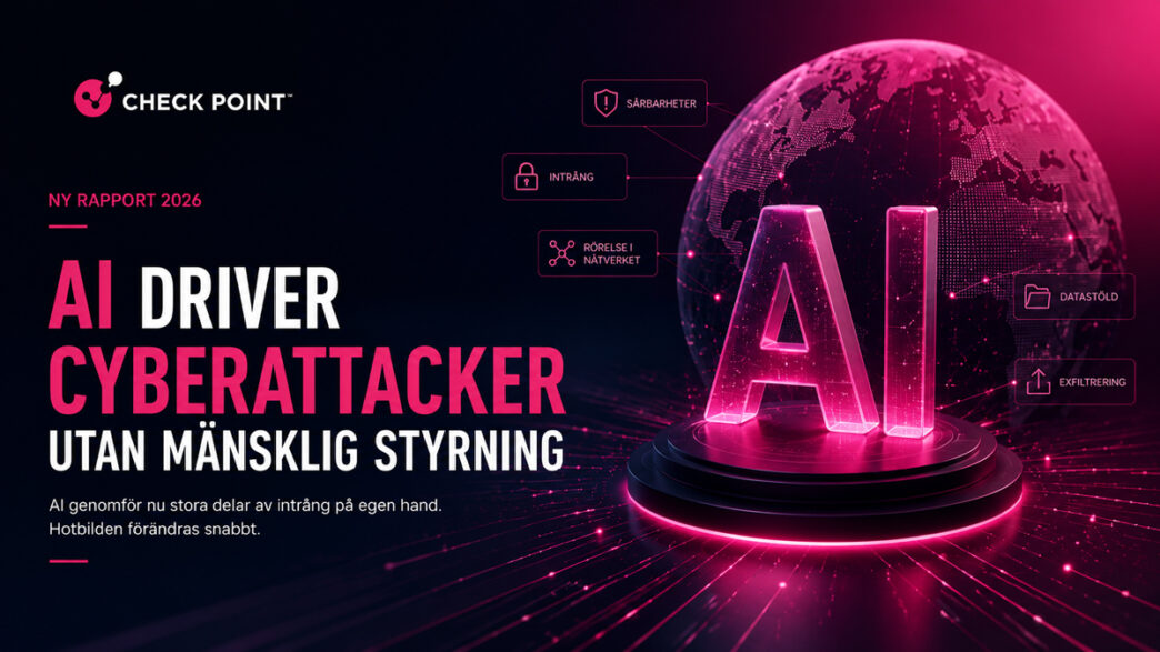 Futuristisk illustration av artificiell intelligens och cybersäkerhet med Check Point-logotyp, digitalt AI-system och globalt nätverk som symboliserar AI-drivna cyberattacker och automatiserade cyberhot.