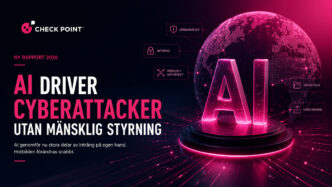 Futuristisk illustration af kunstig intelligens og cybersikkerhed med Check Point-logo, digitalt AI-system og globalt netværk, der symboliserer AI-drevne cyberangreb og automatiserede cybertrusler.