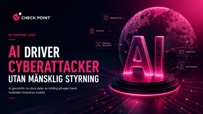 Futuristisk illustration af kunstig intelligens og cybersikkerhed med Check Point-logo, digitalt AI-system og globalt netværk, der symboliserer AI-drevne cyberangreb og automatiserede cybertrusler.