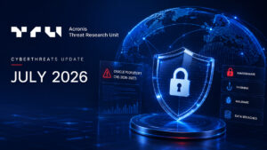 Acronis Threat Research Unit Cyberthreats Update juli 2026 med visualisering av globala cyberhot, Oracle PeopleSoft-sårbarheten CVE-2026-35273, ransomware, phishing och dataintrång.