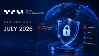 Acronis Threat Research Unit Cyberthreats Update juli 2026 med visualisering av globala cyberhot, Oracle PeopleSoft-sårbarheten CVE-2026-35273, ransomware, phishing och dataintrång.