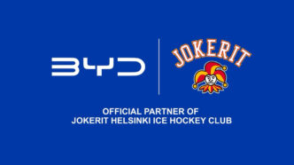 BYD and Jokerit Helsinki announce an official partnership. The image shows the BYD logo together with the Jokerit Helsinki logo against a blue background with the text "Official Partner of Jokerit Helsinki Ice Hockey Club".