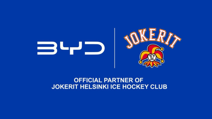 BYD and Jokerit Helsinki announce an official partnership. The image shows the BYD logo together with the Jokerit Helsinki logo against a blue background with the text "Official Partner of Jokerit Helsinki Ice Hockey Club".