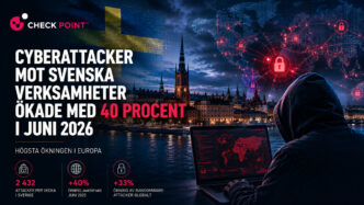 Cyberattacker mot svenska verksamheter ökade med 40 procent under juni 2026 enligt Check Point Research. Illustrationen visar en hacker framför en dator, Stockholms stadssiluett och en global cybersäkerhetskarta.