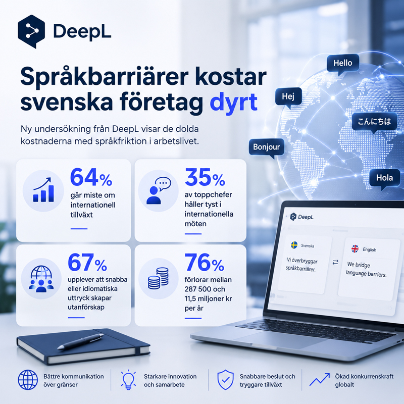 Uit een nieuw onderzoek van Deepl blijkt dat een percentage van de Zweedse bedrijven internationale groei misloopt vanwege taalbarrières | IT Industry DeepL – DeepL: 64 procent van de Zweedse bedrijven loopt internationale groei mis door taalbarrières | IT-industrie