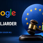 Google förlorar sitt slutliga överklagande i EU-domstolen och böter på 4,1 miljarder euro för Android står fast. Illustration med Google, Android, EU-flaggan och en domarklubba.