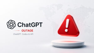ChatGPT driftavbrott påverkar användare globalt med varningssymbol och minimalistisk illustration av OpenAI:s AI-tjänster.