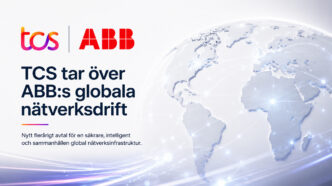 TCS ja ABB aloittavat monivuotisen globaalin yhteistyön, jossa TCS ottaa vastuun ABB:n verkkotoiminnoista. Kuvassa näkyy verkottunut maailmankartta, joka symboloi tekoälyä, turvallista verkkoinfrastruktuuria ja globaalia digitaalista transformaatiota.