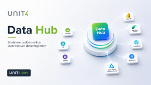 Unit4 Data Hub visualiserer hvordan ERPx leverer sanntidsdata til Power BI, Microsoft Fabric, Snowflake, BigQuery og Delta Sharing via et moderne utvinningslag for forretningsanalyse.