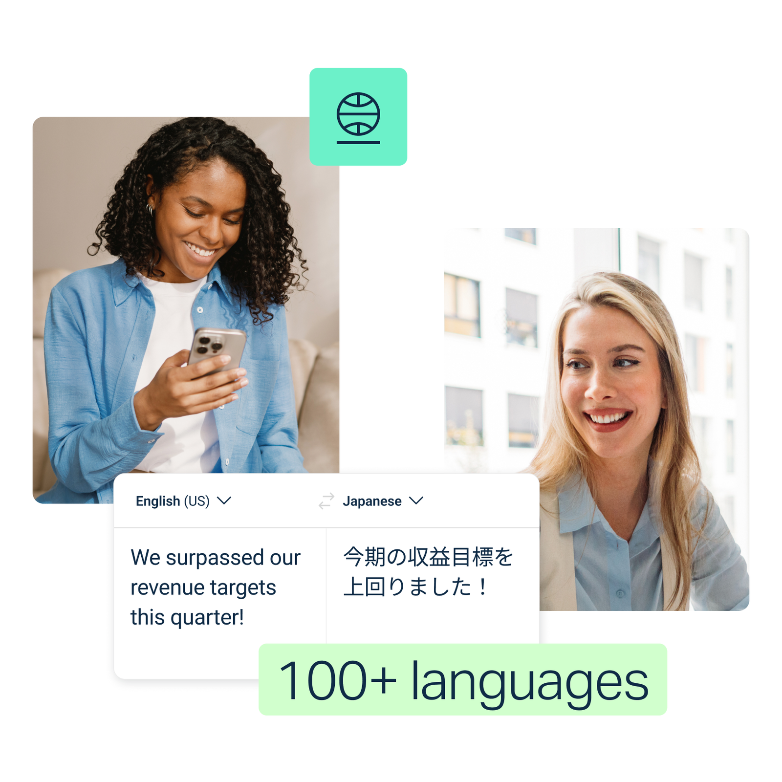 The text reads "We exceeded our revenue targets this quarter!" in English (US) and its translation in Japanese. A label at the bottom reads "30+ languages.".