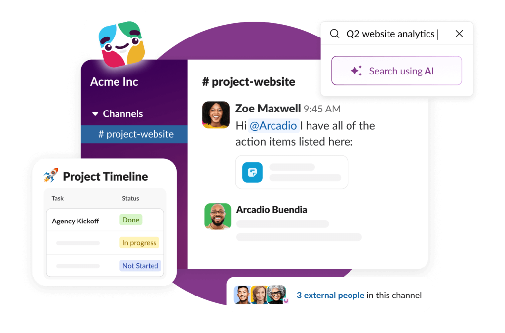 Slack channel with AI search, lists, and people in a channel