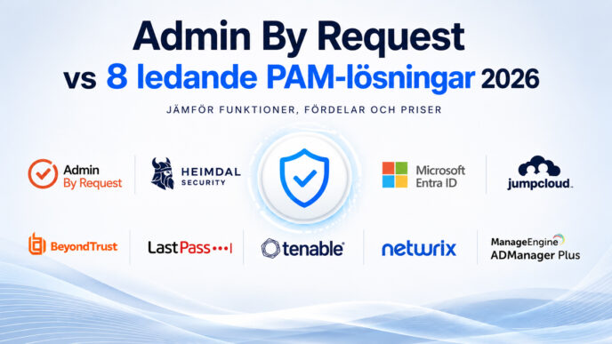 Admin By Request vs 8 ledande PAM-lösningar 2026: Vilken passar bäst för din organisation? | IT-Branschen Admin By Request alternativ och PAM-lösningar 2026 jämförelse med Heimdal Security, Microsoft Entra ID, BeyondTrust och andra konkurrenter
