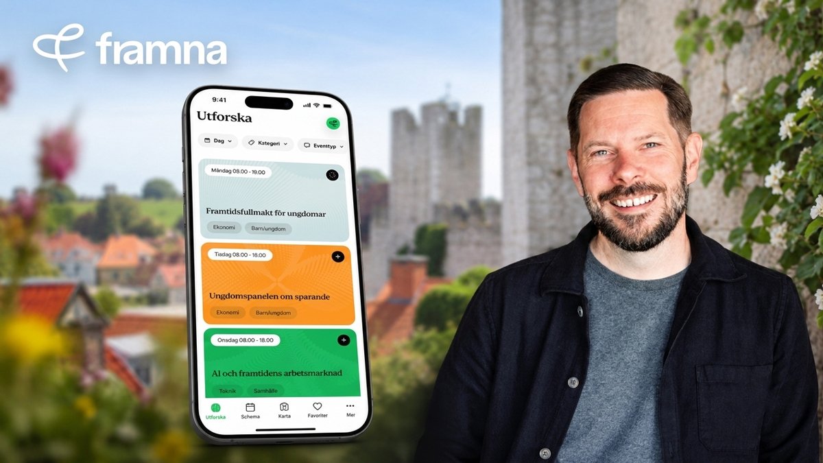 Marthin Freij, Commercial Director på Framna, presenterar Almedalen by Framna, en kostnadsfri AI-utvecklad app för Almedalsveckan 2026 med personligt schema, kartfunktioner och smart navigering för besökare i Visby.