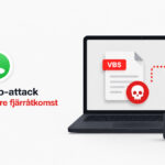 Illustration av en WhatsApp-attack där en skadlig VBS-fil används för att ge angripare fjärråtkomst till datorer.