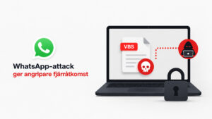 Illustration av en WhatsApp-attack där en skadlig VBS-fil används för att ge angripare fjärråtkomst till datorer.