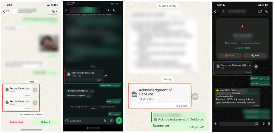 Ture Q | IT-Branschen Examples of WhatsApp messages containing the malicious VBScript file. Source: alleged victim posts on social media