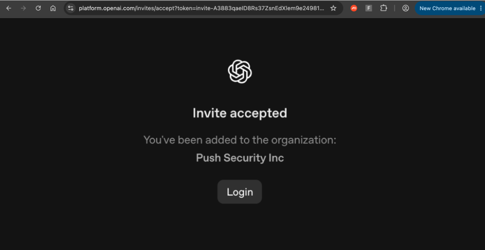 Kutsusähköposti, jossa näkyy OpenAI-brändäys, organisaation nimi "Push Security Inc" ja lähettäjän Gmail-osoite