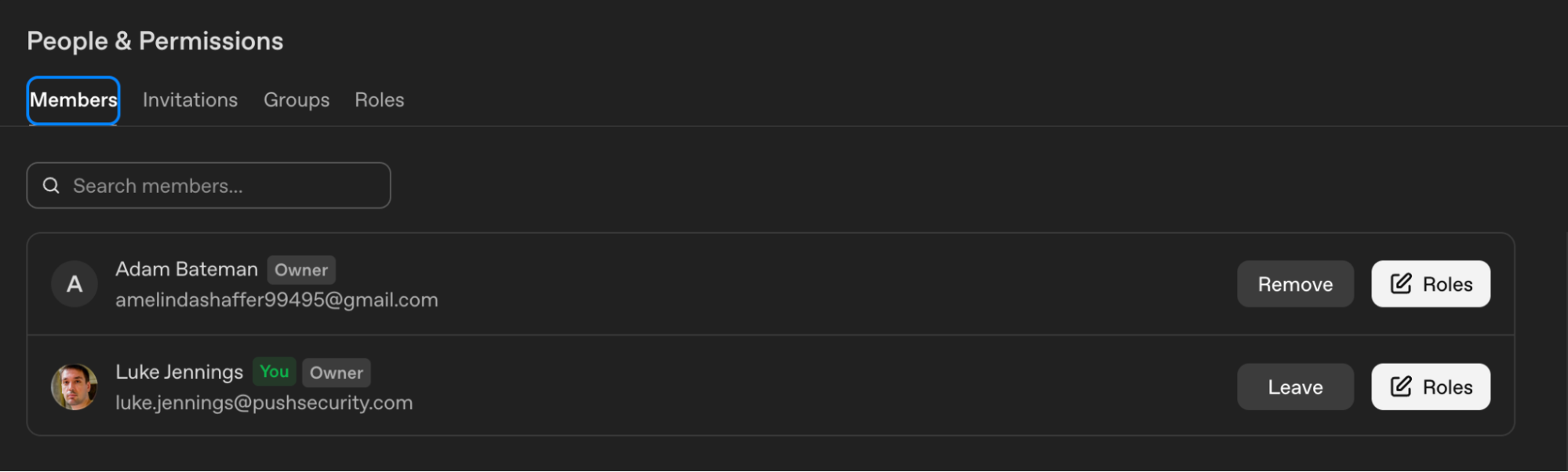 Jäsensivu, jolla näkyvät hyökkääjän ja Luken tilit.