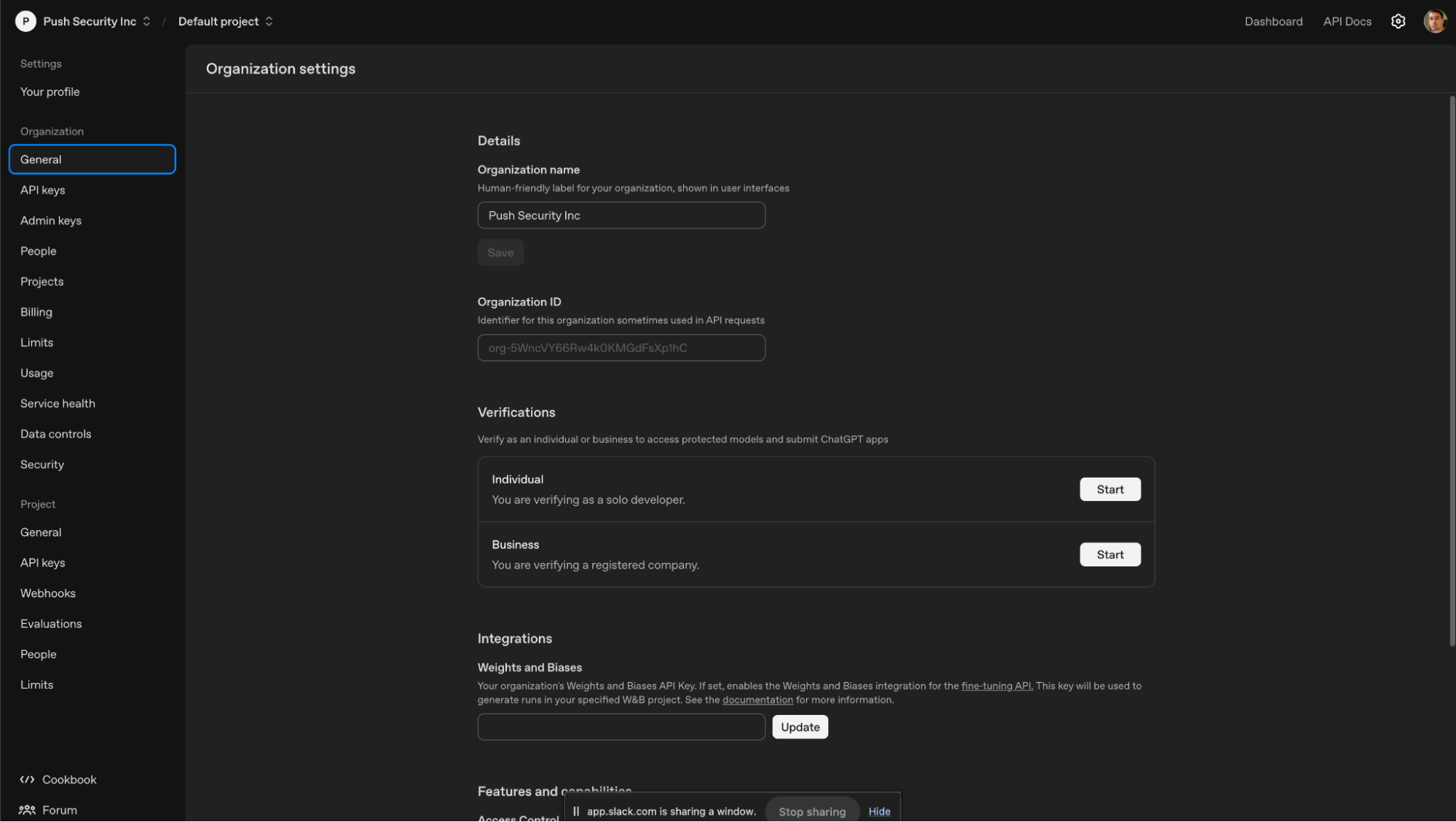 Asetusnäyttö, jossa näkyy organisaation nimi “Push Security Inc”.