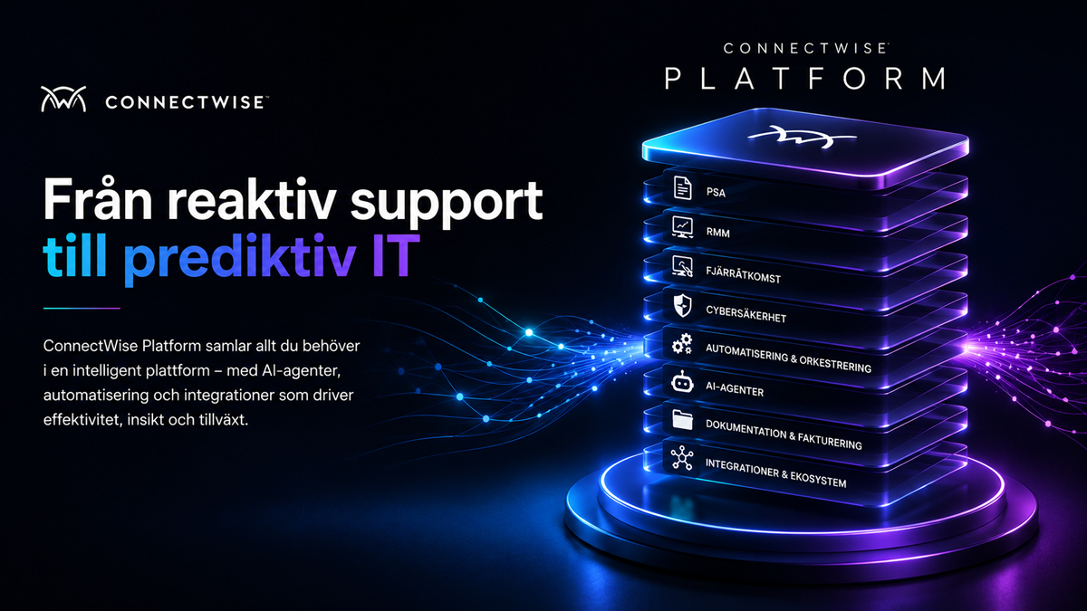 ConnectWise Platform, en AI-drevet platform, der integrerer PSA, RMM, cybersikkerhed, AI-agenter, automatisering og åbne integrationer for at hjælpe Managed Service Providers med at gå fra reaktiv support til prædiktiv IT.