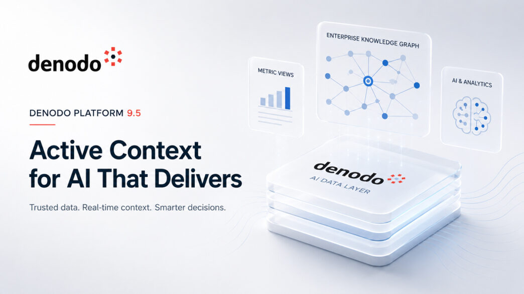 Denodo lanserar nya Denodo Platform 9.5 | IT-Branschen Denodo Platform 9.5 visualiserad som ett AI Data Layer med Enterprise Knowledge Graph, Metric Views och AI-drivna dataflöden för analys och datadelning.
