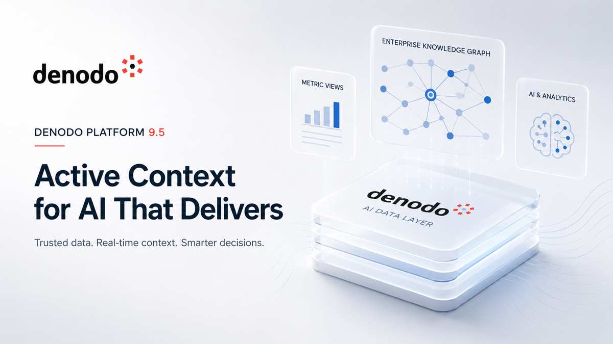 Denodo lanserer ny Denodo-plattform 9.5 | IT-bransjen Denodo Platform 9.5 visualisert som et AI-datalag med Enterprise Knowledge Graph, metriske visninger og AI-drevne dataflyter for analyse og datadeling.