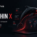 Dolphin X, ein KI-gestützter Infostealer, der über 300 Anwendungen ins Visier nimmt. Das Bild zeigt einen futuristischen digitalen Delfin über einem Laptop mit globalen Cyberangriffen, Datensammlung und Verbindungen zu Browsern, Cloud-Diensten, Entwicklungstools und Krypto-Wallets, zusammen mit dem Varonis-Logo.