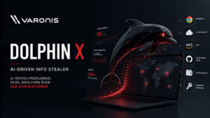 Dolphin X, en AI-driven infostealer som riktar sig mot över 300 applikationer. Bilden visar en futuristisk digital delfin ovanför en bärbar dator med globala cyberattacker, datainsamling och kopplingar till webbläsare, molntjänster, utvecklingsverktyg och kryptoplånböcker, tillsammans med Varonis logotyp.