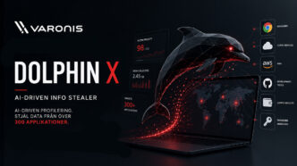 Dolphin X gebruikt AI om slachtoffers te prioriteren en steelt gegevens van meer dan 300 applicaties | IT-industrie Dolphin X, een door AI aangedreven informatiediefstaltool die zich richt op meer dan 300 applicaties. De afbeelding toont een futuristische digitale dolfijn boven een laptop met wereldwijde cyberaanvallen, gegevensverzameling en verbindingen met browsers, cloudservices, ontwikkeltools en cryptowallets, samen met het Varonis-logo.