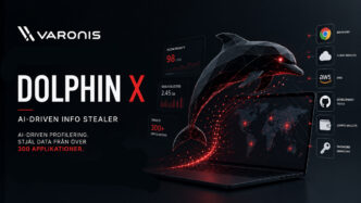 Dolphin X, en AI-driven infostealer som riktar sig mot över 300 applikationer. Bilden visar en futuristisk digital delfin ovanför en bärbar dator med globala cyberattacker, datainsamling och kopplingar till webbläsare, molntjänster, utvecklingsverktyg och kryptoplånböcker, tillsammans med Varonis logotyp.