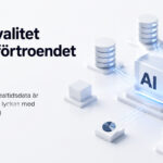 Minimalistisk illustration som visar ett AI-system omgivet av sammankopplade datakällor, realtidsdata och säkerhetsfunktioner. Bilden symboliserar hur datakvalitet och styrning skapar förtroende för agentbaserad AI i moderna företag.
