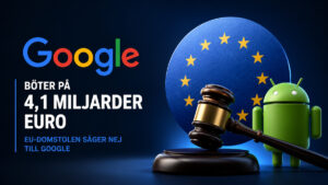 Google taper sin endelige anke i EU-domstolen, og boten på 4,1 milliarder euro for Android blir opprettholdt. Illustrasjon med Google, Android, EU-flagget og en klubba.