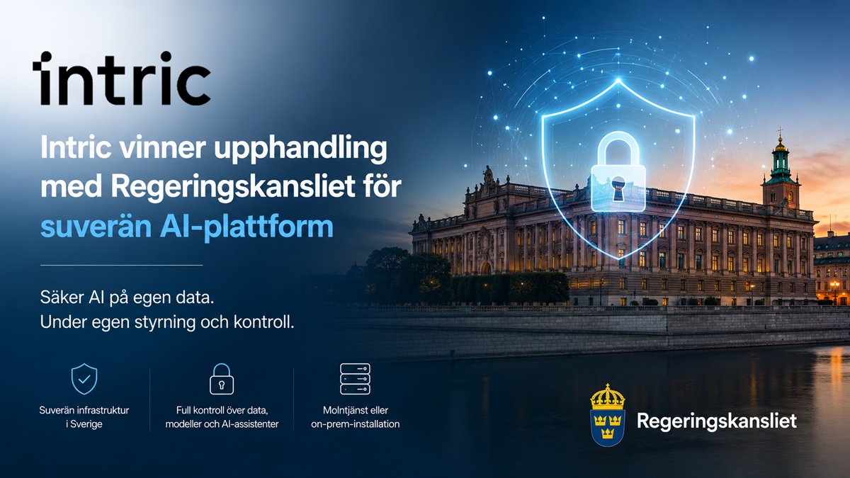 Intric och Regeringskansliet illustrerar en säker och suverän AI-plattform som möjliggör AI-assistenter på svensk infrastruktur med full kontroll över data och digital suveränitet.
