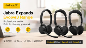 De Jabra Evolve3-serie van AI-geoptimaliseerde professionele headsets voor hybride werken, open kantoren en moderne werkplekken.