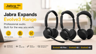 De Jabra Evolve3-serie van AI-geoptimaliseerde professionele headsets voor hybride werken, open kantoren en moderne werkplekken.