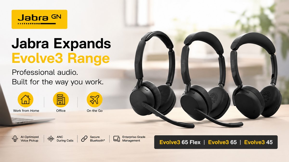 Jabra Evolve3-serien med AI-optimerade professionella headset för hybridarbete, öppna kontor och moderna arbetsplatser.