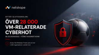 Netskope illustrerer over 28.000 blokerede VM-relaterede cybertrusler under FIFA World Cup 2026 med et sikkerhedsskjold, fodbold og et globalt cybersikkerhedsnetværk.