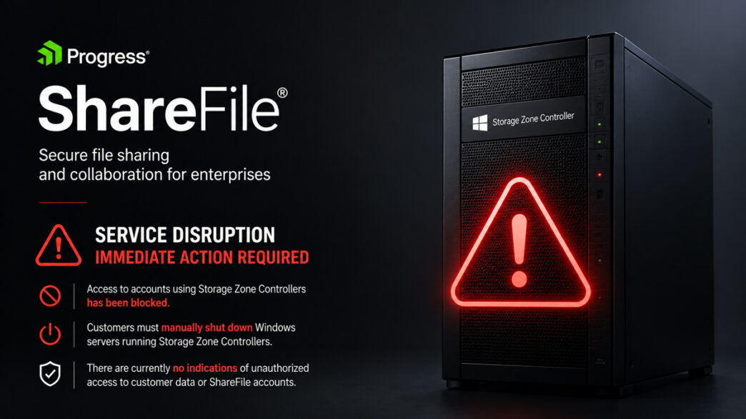 Cybersikkerhedsadvarsel fra Progress ShareFile, der viser en Storage Zone Controller-server med en nødsikkerhedsalarm, der fremhæver en kritisk tjenesteafbrydelse og kræver øjeblikkelig handling.
