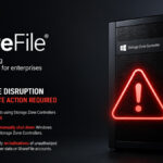 Progress ShareFile cybersecurity warning showing a Storage Zone Controller server with an emergency security alert highlighting a critical service disruption and immediate action required.