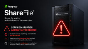 Progress ShareFile cybersecurity warning showing a Storage Zone Controller server with an emergency security alert highlighting a critical service disruption and immediate action required.