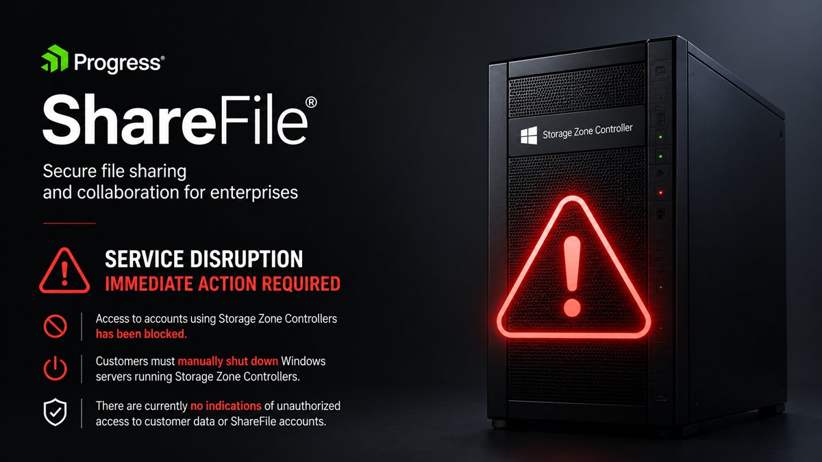 Progress ShareFile cybersecurity warning showing a Storage Zone Controller server with an emergency security alert highlighting a critical service disruption and immediate action required.