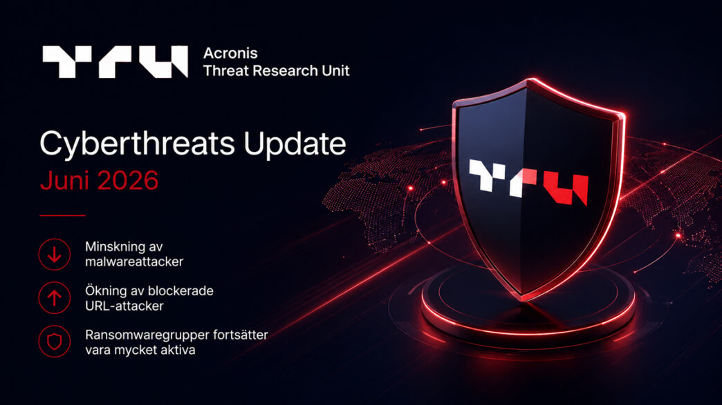 Skadlig kod minskade i maj 2026, men URL-attacker och ransomwaregrupper håller hotnivån fortsatt hög | IT-Branschen Acronis Threat Research Unit Cyberthreats Update juni 2026 med cybersäkerhetssköld, globalt hotlandskap och fokus på ransomware, malware och URL-attacker.