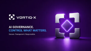 AI governance med VORTIQ-X-logotyp i en futuristisk företagsmiljö som symboliserar säker AI, data governance, identitetshantering och transparent styrning för moderna verksamheter.