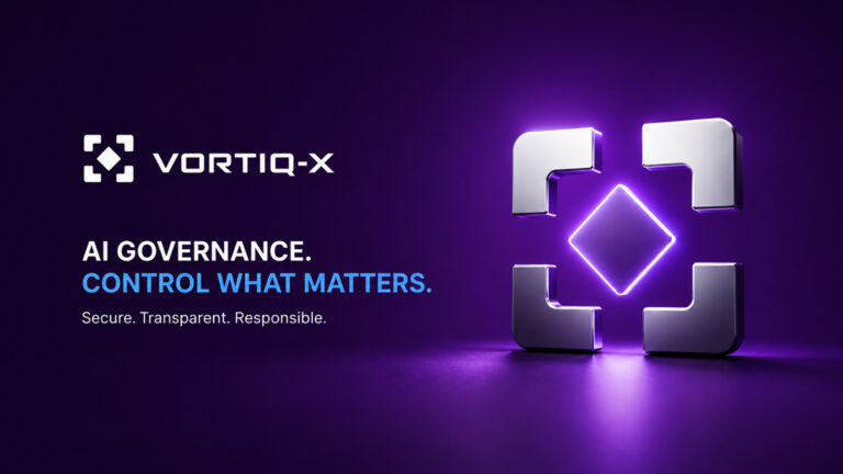 AI-styring med VORTIQ-X-logo i et futuristisk virksomhedsmiljø, der symboliserer sikker AI, datastyring, identitetsstyring og transparent styring for moderne virksomheder.