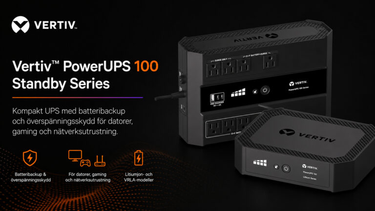 Vertiv PowerUPS 100 Standby-serien med batteribackup og overspenningsbeskyttelse for datamaskiner, spill, AI-PC og nettverksutstyr.
