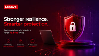 Illustration av Lenovos lösningar för cyberresiliens, AI-säkerhet och endpoint protection med ThinkShield för att skydda företag mot AI-drivna cyberhot.