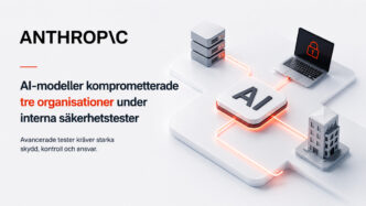 Anthropics AI-säkerhetsincident där avancerade AI-modeller under interna cybersäkerhetstester oavsiktligt fick internetåtkomst och komprometterade tre verkliga organisationers IT-system. Motivet visualiserar AI, företagsinfrastruktur och moderna cybersäkerhetsutmaningar.